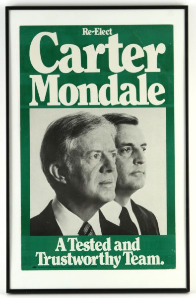 1980 Jimmy Carter Walter Mondale Re-Elect Poster Framed 14" x 22" 