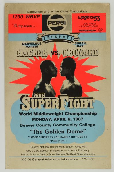 1987 Marvin Hagler Sugar Ray Leonard 14" x 22" Original Fight Poster  