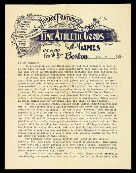 1899 Horace Partridge and Company Athletic Goods Letter to Sporting Good Store