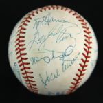 1984-94 circa Hall of Fame & Stars Multi Signed OAL Brown Baseball w/ 21 Signatures Including Hank Aaron, Curt Flood & More (JSA)
