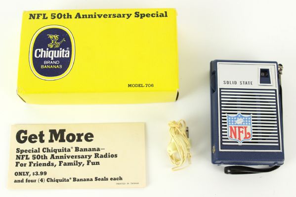 1969 NFL 50th Anniversary Special Chiquita Banana Solid State Transistor Radio w/ Original Box, Headphones & Order Form 