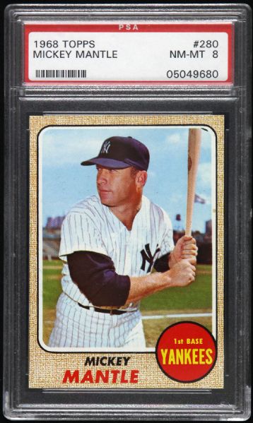 1968 Topps #280 Mickey Mantle New York Yankees (PSA NM-MT 8)