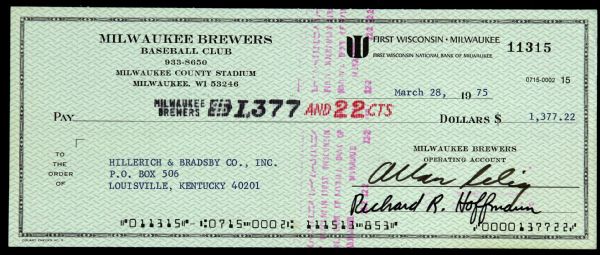 1975 Bud Selig Milwaukee Brewers Signed Check Louisville Slugger (JSA)