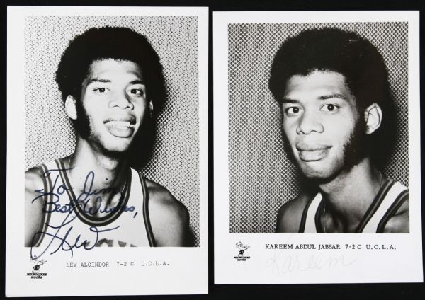 1969-70 Lew Alcindor Kareem Abdul Jabbar Milwaukee Bucks Signed 5x7 B&W Team Issue Photo - Lot of 2 (JSA)