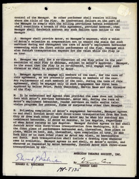 1958 Edwar G. Robinson American Gangster Actor Signed Play Contract "Middle of the Night" (JSA)