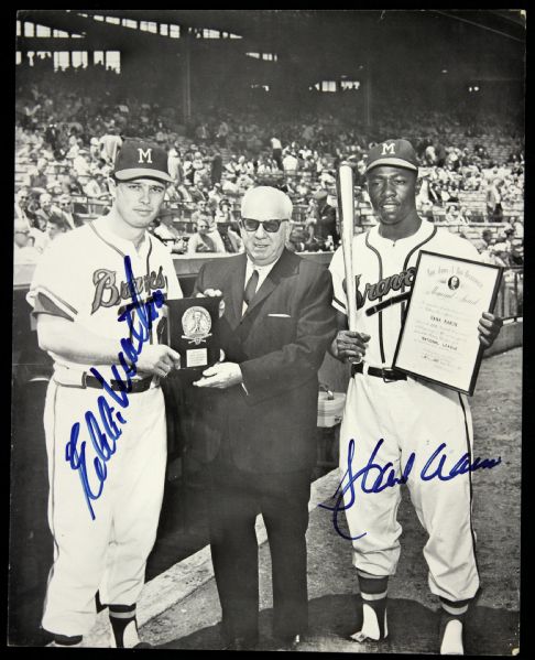1980s Eddie Mathews Hank Aaron Milwaukee Braves Signed 8x10 B&W Photo (JSA)