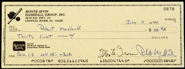 1994 Monte Irvin New York Giants HOF Signed Cancelled Check (JSA)