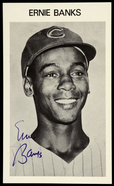1970s Ernie Banks Chicago Cubs Signed 4”x7” B&W Team Issue Photo (JSA)