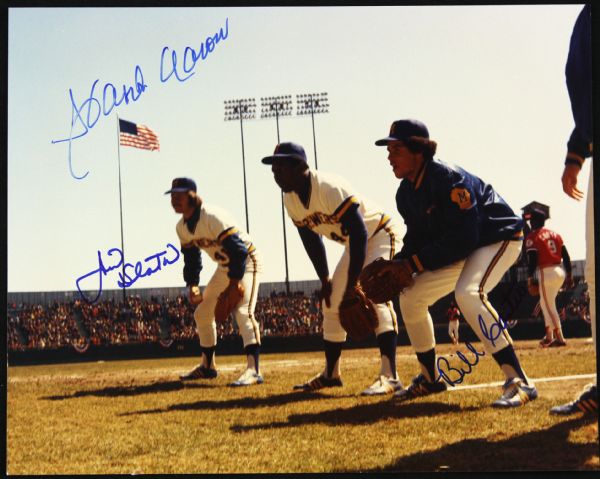 1975-76 Hank Aaron Jim Slaton Bill Castro Milwaukee Brewers Signed 8x10 Color Photo (JSA)