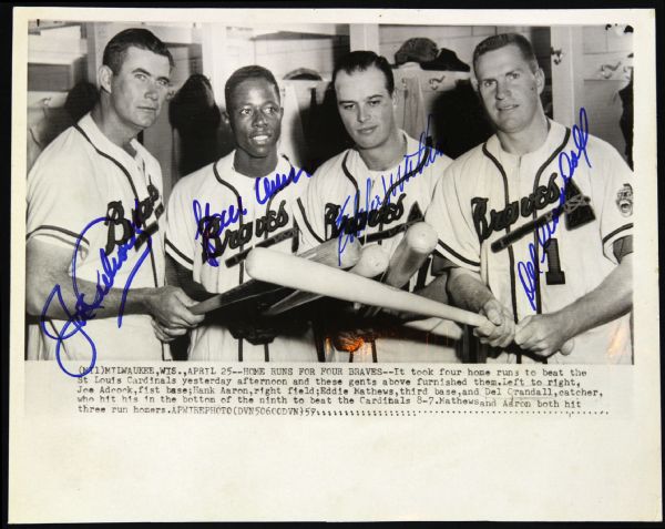 1957 Joe Adcock Hank Aaron Eddie Mathews Del Crandall Signed 8x10 B&W Original Wire Photo (JSA)