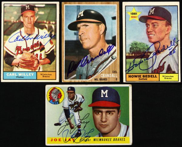 1950-60s Howie Bedell Del Crandall Joey Jay Carl Willey Signed Topps Card (Lot of 4) (JSA)