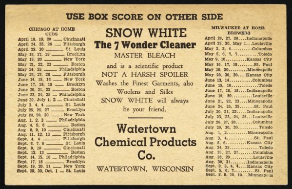 1930-40s Chicago Cubs Milwaukee Brewers AAA (3.5”x5.5”) Schedule “Watertown Chemical Products Co.”