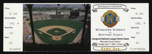 1998 Inaugural National League Home Game Milwaukee Brewers County Stadium Full Ticket (April 7, 1998)
