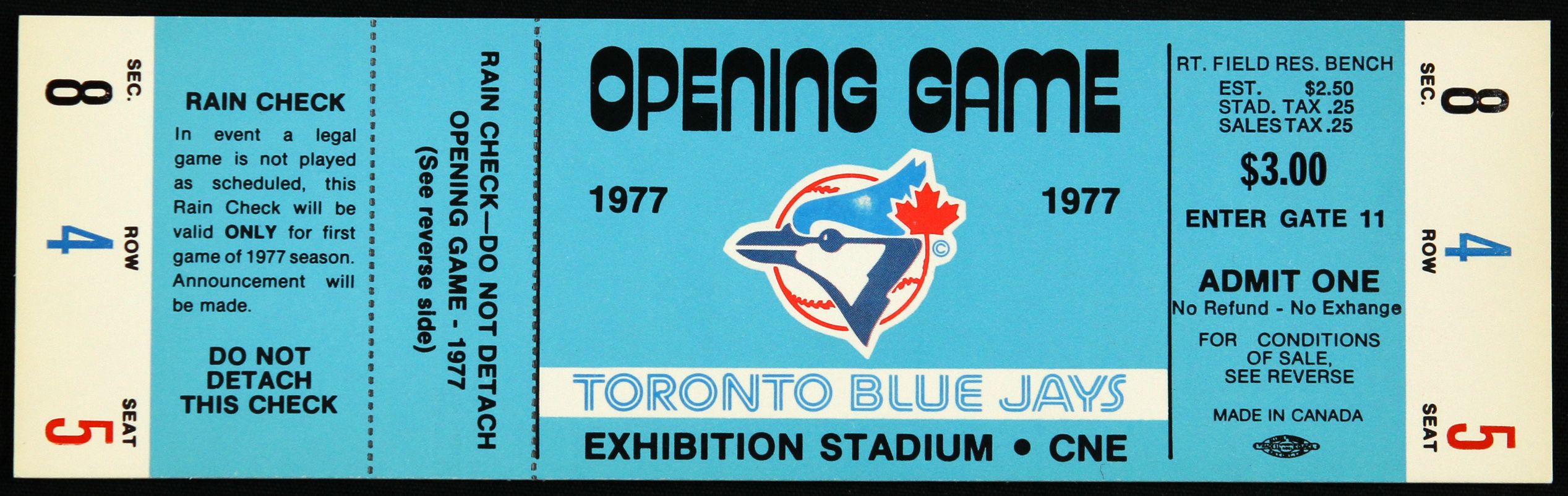 Lot Detail - 1977 Rare Opening Game Toronto Blue Jays Full Unused