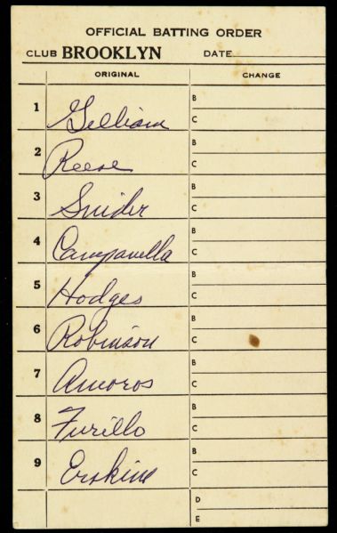 1955 circa Brooklyn Dodgers Original Lineup Card