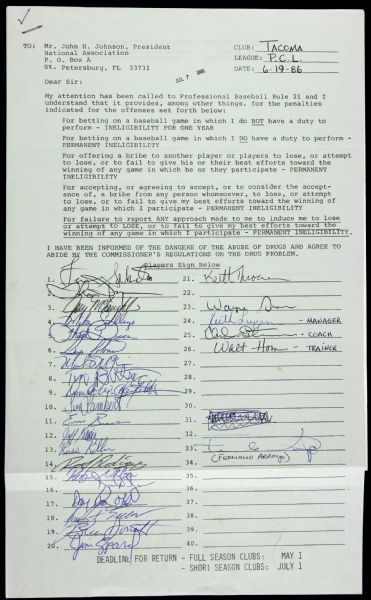 1986 Mark McGwire Tacoma PCL Official Signed Rules Team Sheet (No Betting)
