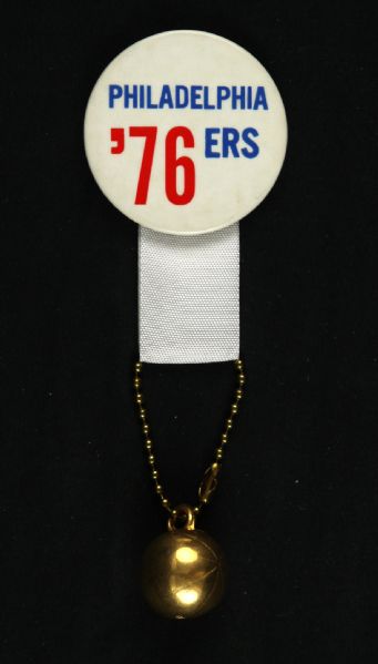 1970s Philadelphia 76ers 2” Pinback Button with Gold Basketball Charm on Hanger