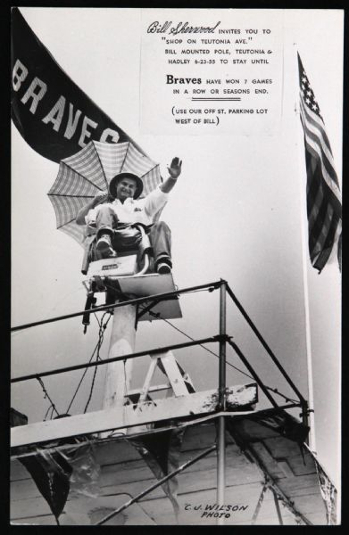 1950s Milwaukee Braves Bill Sherwood Sitting on Pole Until Team Wins 7 Games in a Row Postcard