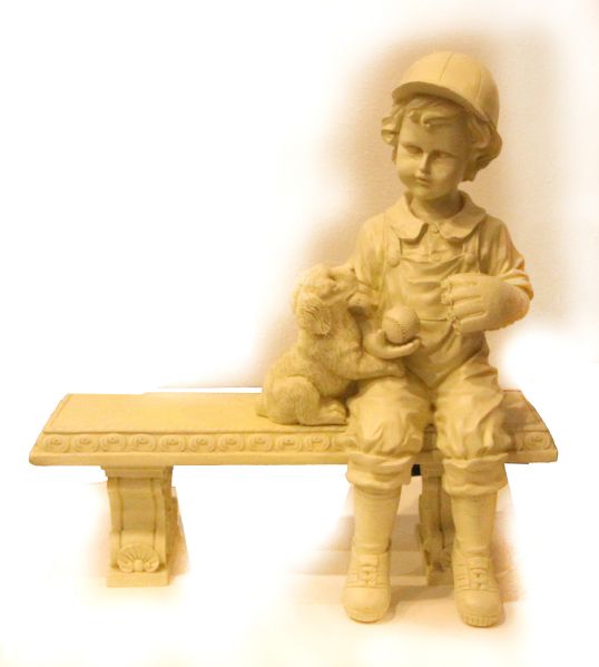 1980s Modern Sitting Boy with Baseball and Puppy on a Bench Statue 