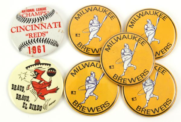 1960s-70s Pinback Button Collection – Milwaukee Brewers Barrel Man (5) St. Louis Cardinals (1) 1961 Cincinnati Reds (Lot of 7)