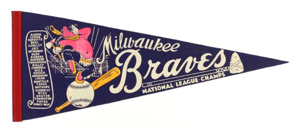 1957-58 Milwaukee Braves National League Champs Dancing Indians Scroll Roster 29” Pennant