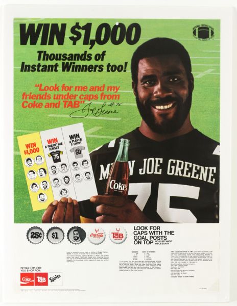 1981 Very Rare Mean Joe Greene Pittsburgh Steelers Coke Bottle Cap Promotional 18”x24” Poster