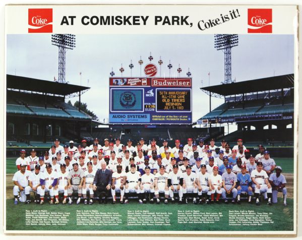 1983 Rare Coca Cola Promotional All Star Game Team Photo at Comiskey Park 19”x25” Poster (w/ Sewell, Dickey, Grimes, Mays, Gehringer, and more)