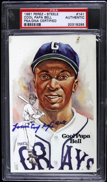 1981 James Cool Papa Bell Perez Steele Blue Sharpie Signed Postcard (PSA/DNA Slabbed)