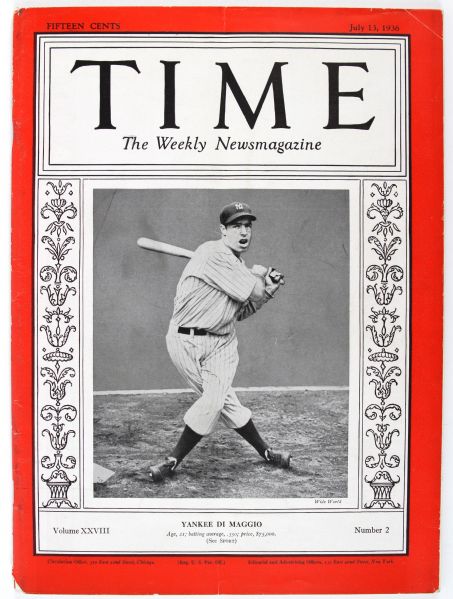 1936 Time Magazine Joe DiMaggio New York Yankees Featured on the Cover (July 13, 1936)