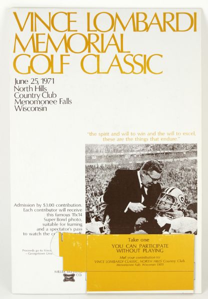 1971 Extremely Rare Inaugural Miller Brewing Vince Lombardi Memorial Golf Classic 12”19” Easel Back Original Store Display