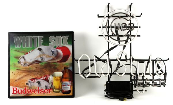 1986 White Sox Budweiser Light-Up Advertising Sign & 1992 Chicago Cubs Old Style Beer Neon Sign