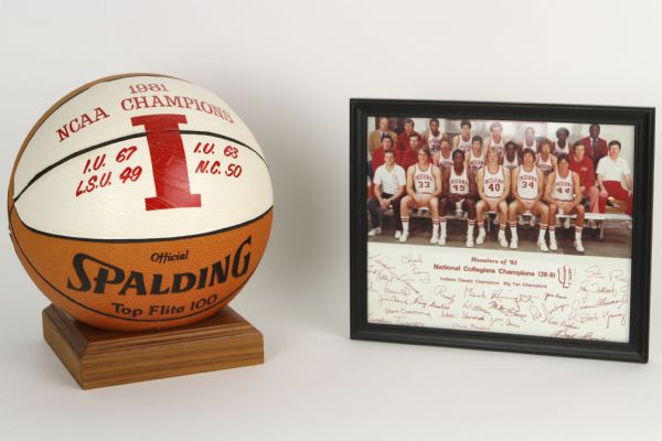 1981 Indiana Hoosiers NCAA Champions Photo & Signed Commemorative Basketball w/ 19 Signatures Including Bob Knight, Isiah Thomas & More (MEARS LOA)
