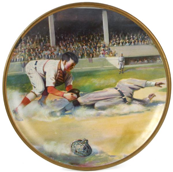 1910 circa Very Rare Running Sliding to Catcher Baseball Motif  10” Dia. Tin Lithography Plate
