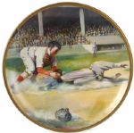 1910 circa Very Rare Running Sliding to Catcher Baseball Motif  10” Dia. Tin Lithography Plate