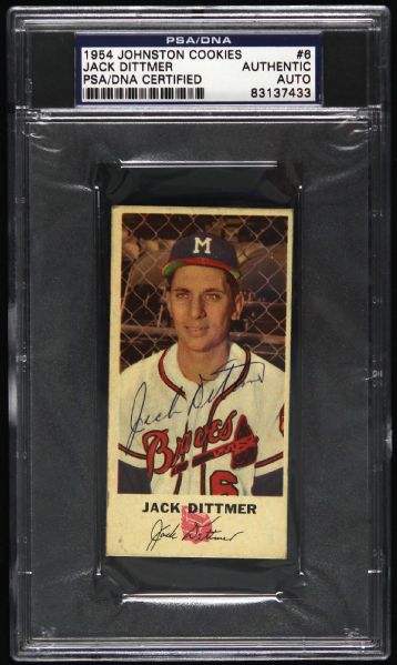 1954 Jack Dittmer Milwaukee Braves Signed Johnston Cookies Slabbed Trading Card (PSA/DNA)