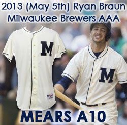 2013 (May 5) Ryan Braun Milwaukee Brewers Game Worn 1913 Throwback Jersey (MEARS A10 /MLB Hologram) 2-2 w/ 2B & BB