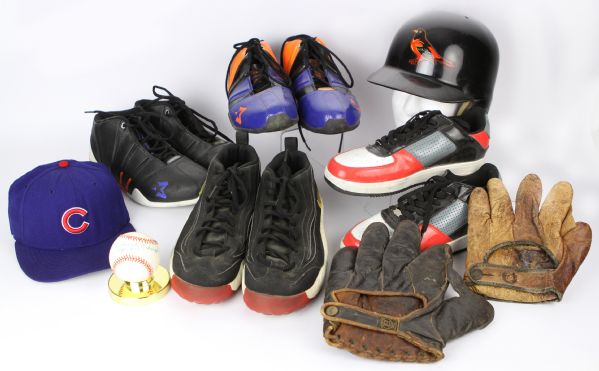 1920s-2000s Baseball & Basketball Memorabilia Collection - Lot of 9 w/ Signatures, Vintage Baseball Mitts, Cal Ripken Batting Helmet & More (JSA)