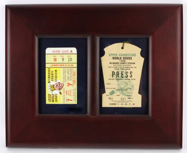 1958 Milwaukee Braves World Series 11" x 13" Framed Display w/ Game 7 World Series Ticket & Press Pass