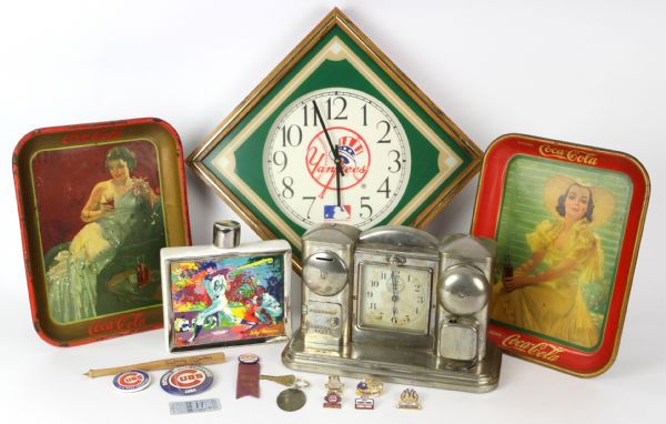 1930s-90s Chicago Cubs New York Yankees Coca Cola Memorabilia Collection - Lot of 16 w/ Pinbacks, Serving Trays, Crosley Field Locker Key