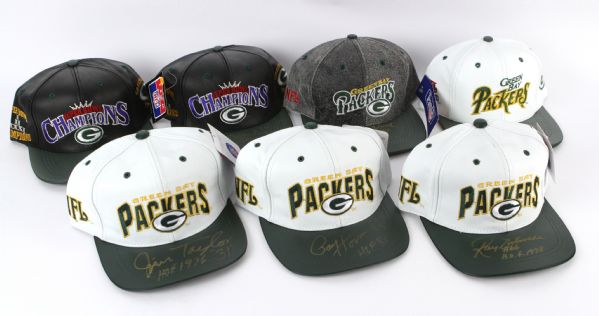 1990s Green Bay Packers Signed Leather Cap Collection - Lot of 7 w/ Bart Starr, Ray Nitschke, Tony Canadeo & More (JSA)