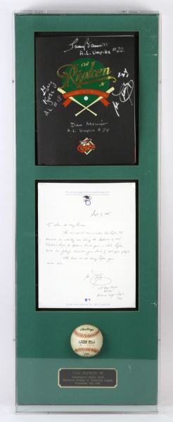 1995 (September 6) Cal Ripken Baltimore Orioles 2,131st Consecutive Game Played 34" x 13" x 5" Display w/ Game Used Bsaeball & Umpire Signatures (MEARS LOA)