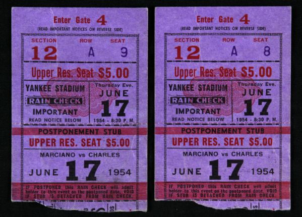 1954 (June 17) Rocky Marciano Ezzard Charles Yankee Stadium Heavyweight Title Fight Ticket Stubs - Lot of 2