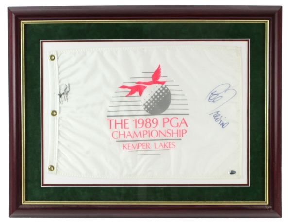 1989 Payne Stewart Lee Trevino Signed 23" x 31" Framed PGA Championship Flag (PSA/DNA)
