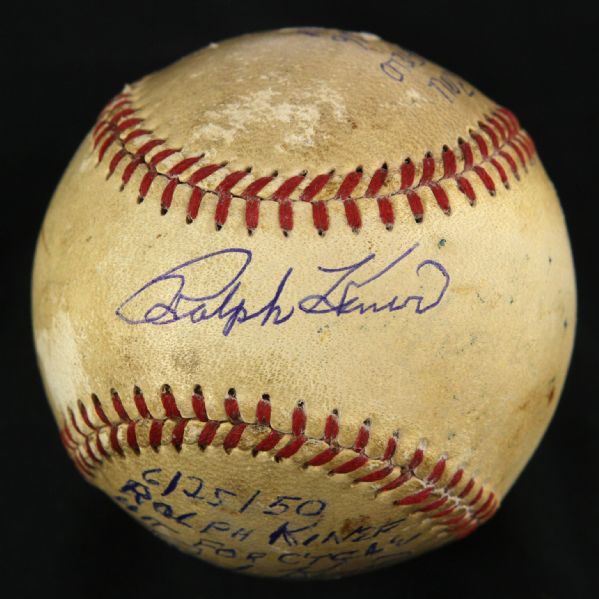 1950 (June 25) Ralph Kiner Pittsburgh Pirates Single Signed ONL Frick Game Used Baseball (MEARS LOA/JSA) Kiner Hits For Cycle