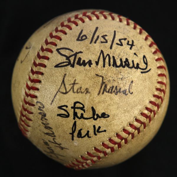 1954 (June 15) Stan Musial Granny Hamner Del Ennis Signed ONL Giles Game Used Baseball (MEARS LOA/JSA)