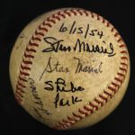 1954 (June 15) Stan Musial Granny Hamner Del Ennis Signed ONL Giles Game Used Baseball (MEARS LOA/JSA)