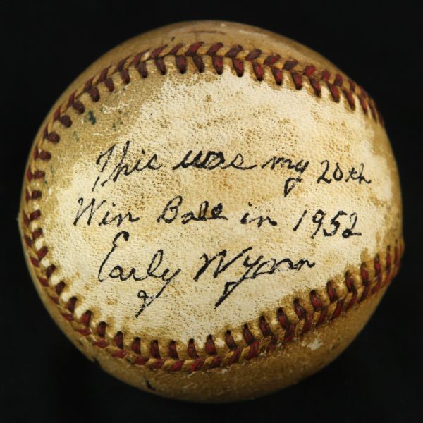 1952 (September 9) Early Wynn Cleveland Indians Single Signed OAL Harridge 20th Win Game Used Baseball (MEARS LOA/JSA) 