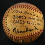 1949 (September 16) Warren Spahn Max Lanier Boston Braves St. Louis Cardinals Signed ONL Frick Game Used Victory Ball (MEARS LOA/JSA)