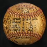 1949 (September 16) Warren Spahn Max Lanier Boston Braves St. Louis Cardinals Signed ONL Frick Game Used Victory Ball (MEARS LOA/JSA)