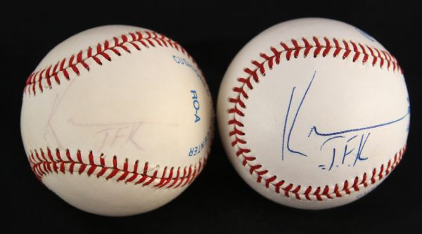 1991 Kevin Costner Bull Durham Field of Dreams Single Signed & Inscribed OAL Brown Baseball - Lot of 2 (MEARS LOA) 